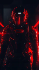 Neon-clad sentinel carves red circuitry through the dark