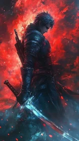 Lone armored swordsman glowing between fire and shadow.