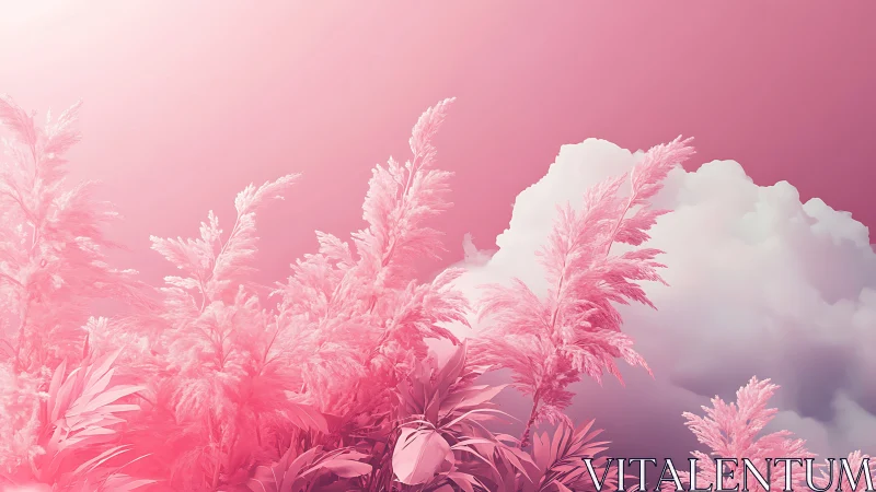 Dreamy pink meadow drifting beneath soft cotton clouds.