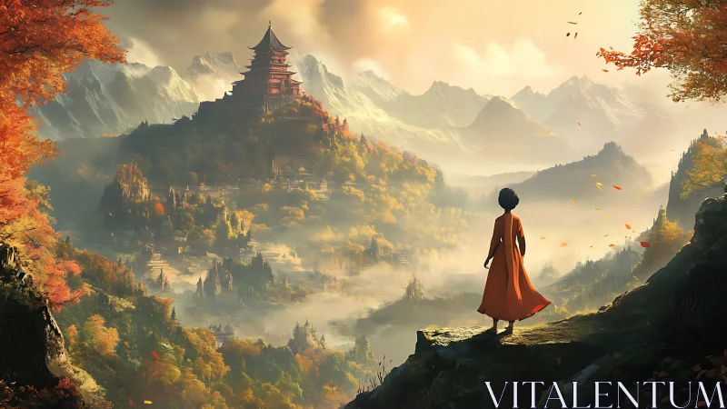 Solitary wanderer gazes toward a misty mountain temple realm