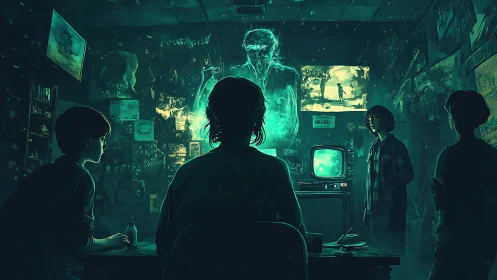 Teen investigators watch eerie green ghost over monitor.