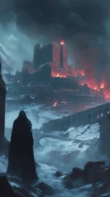 Cloaked figure observing burning fortress in snowy valley.