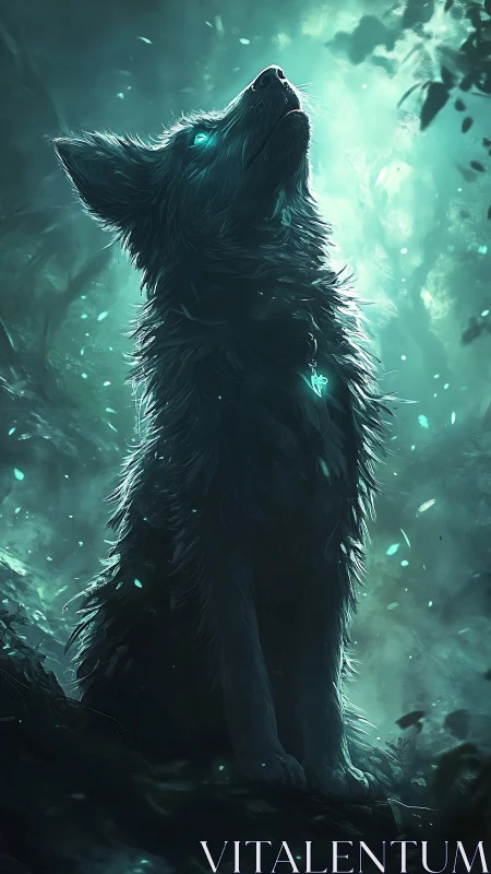 Bioluminescent wolf figure in misted forest environment.