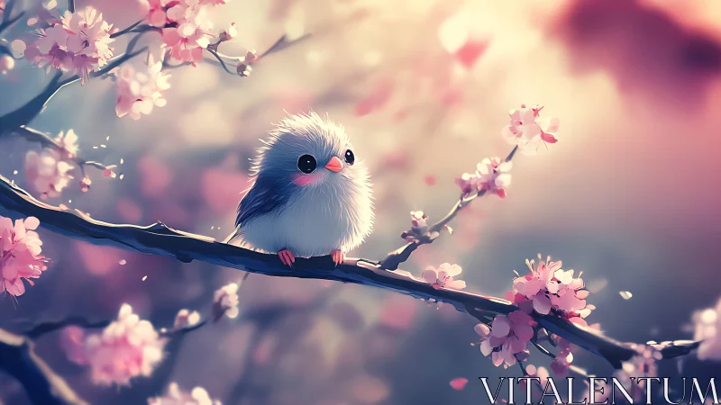 Fluffy spring songbird resting among dreamy blossoms.