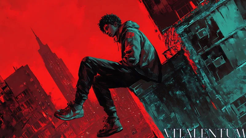 Rooftop daydreamer above a red-scorched cyber skyline.