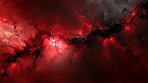 Red nebula field shows dark fractal filament across frame