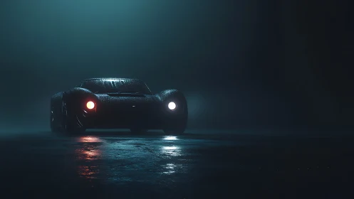 Moody retro sports car emerging through cinematic fog.