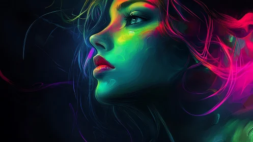 Luminous portrait of a dreaming woman in flowing neon light.