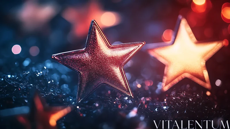 Metallic star decorations with colored bokeh lights.