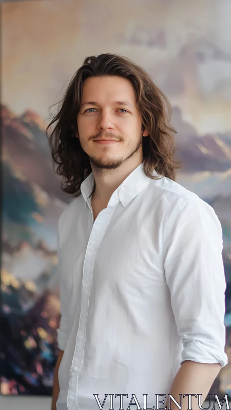 Relaxed young man before soft abstract landscape backdrop.
