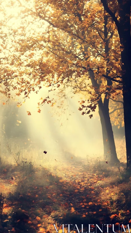 Golden autumn forest path glows under angled morning light