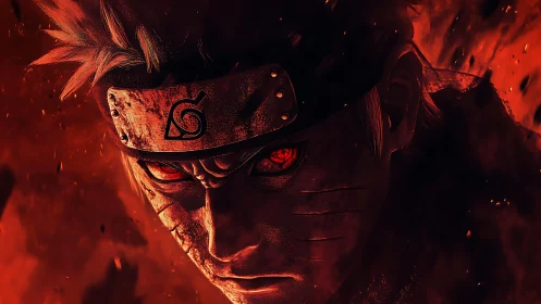 Fiery ninja gaze framed by swirling shadows and embers.