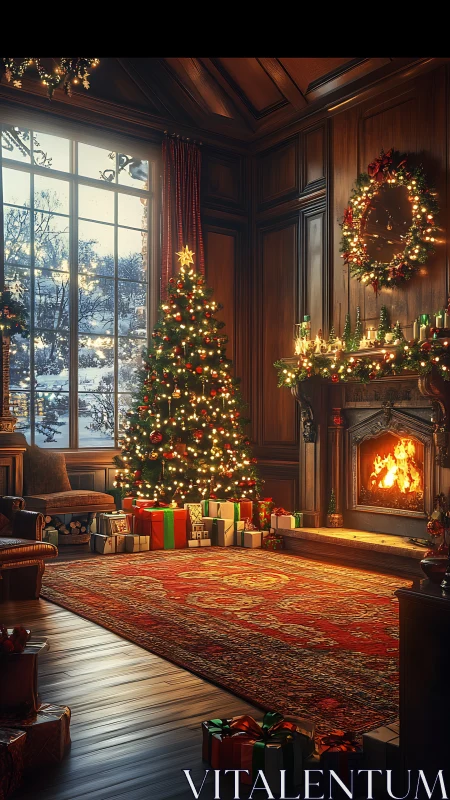 Christmas tree and fireplace decorate warm paneled living room