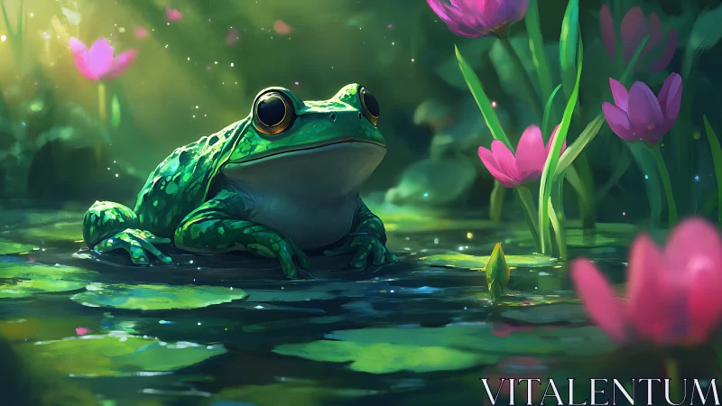 Emerald frog basks in enchanted lily pond glow at dusk.
