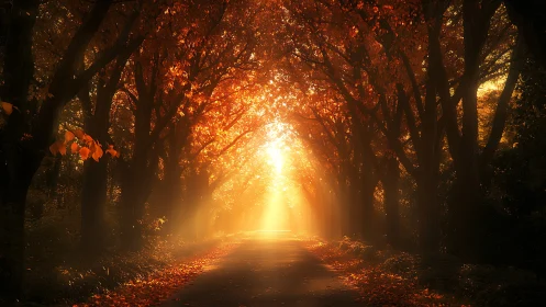 Sunlit autumn forest road glows under dense golden canopy