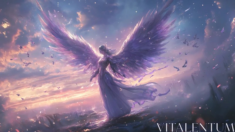 Radiant duskborne seraph unfolds luminous violet wings