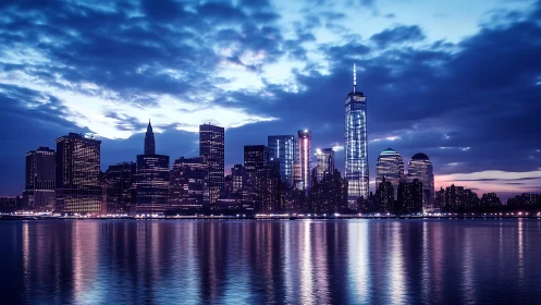 City skyline at dusk with lights mirrored on water.