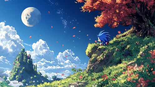 Blue hedgehog overlooks moonlit valley under crimson tree.