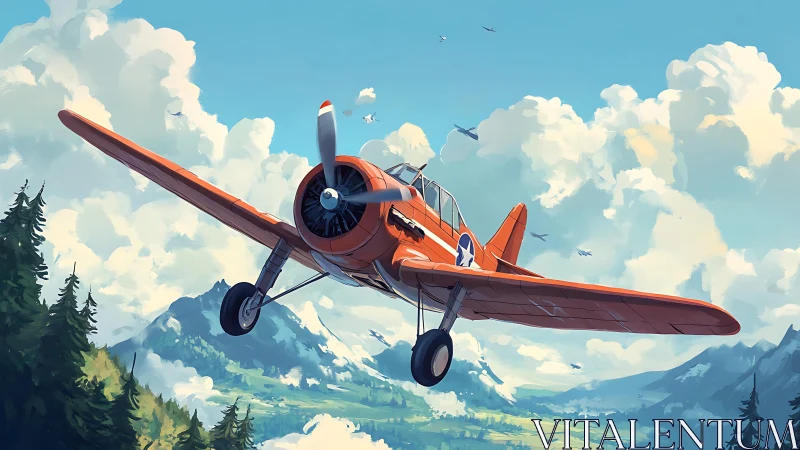 Vintage trainer aircraft banks over alpine valley in stylized light