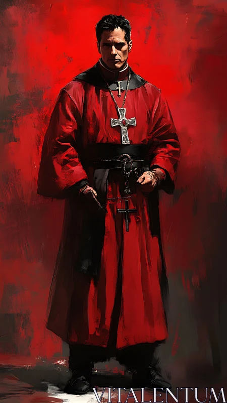 Stern cleric in red robes stands against abstract crimson field