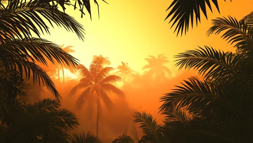 Golden jungle sunrise wrapped in soft misty palms.