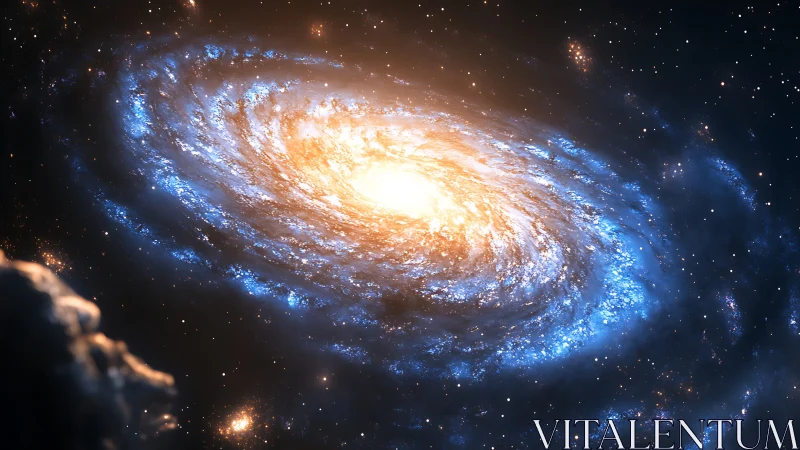 Digital painting of a luminous spiral galaxy core in orbiting dust field.