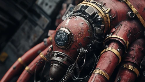 Rusty red mechanical octopus with cables and metal joints.