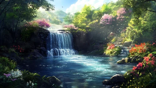Sunlit terraced waterfall with floral banks in lush valley