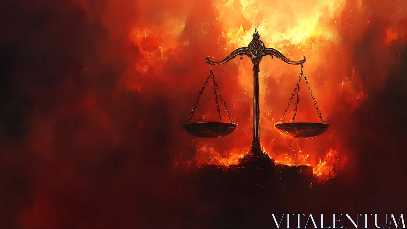 Scales of Justice Suspended Above Raging Inferno