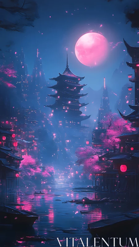 Neon-lit pagoda cityscape under large pink full moon.