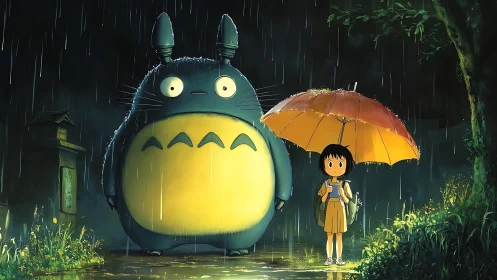 Gentle forest giant sharing a rainy-night umbrella moment.