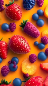 Assorted berries and sliced fruit on uniform orange ground.