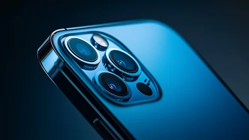 Blue smartphone rear camera close-up in studio lighting.