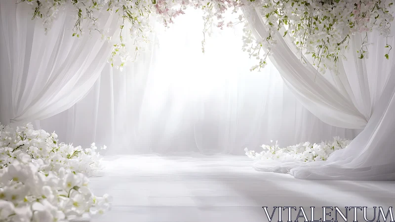 Ethereal white floral aisle beneath cascading draped curtains.