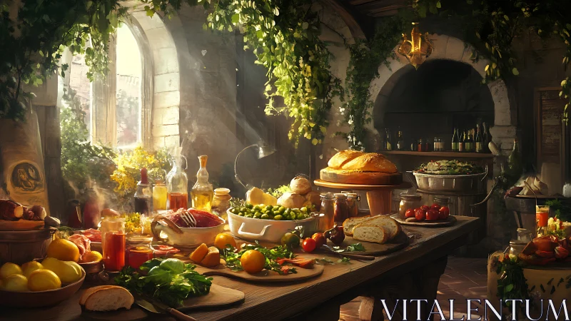 Sunlit tavern feast drenched in herbs, bread, and golden warmth.