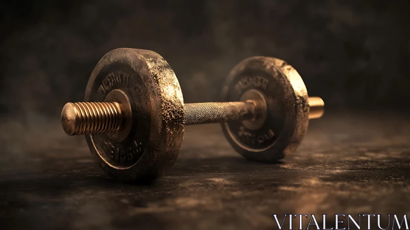 Metal dumbbell lying on textured surface in low lighting.