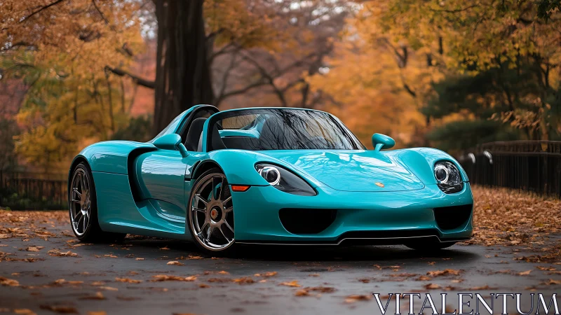 Turquoise roadster parked on leaf covered autumn street.