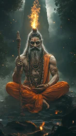 Mystic ascetic with flaming crown in twilight jungle scene.