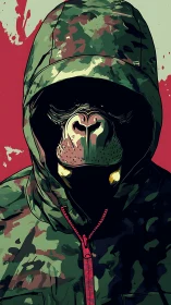 Camouflage hooded gorilla portrait in bold vector art.