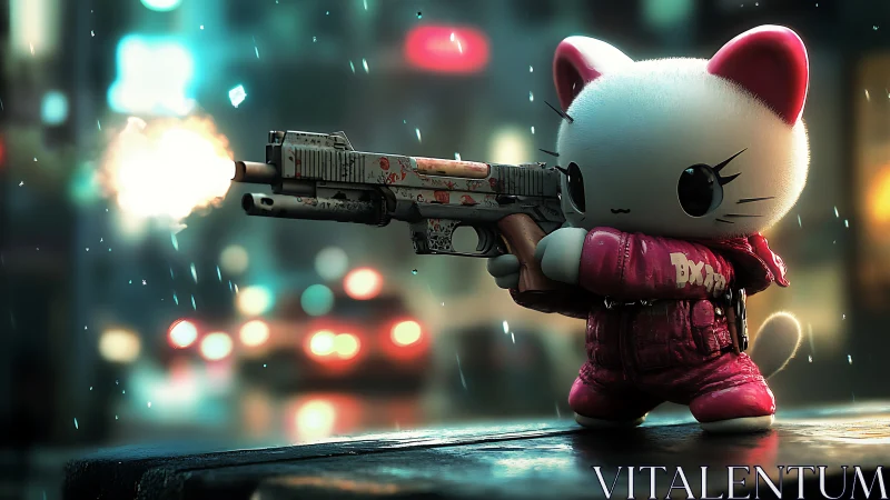 Cute cyber cat warrior aims pistol in neon city rain.