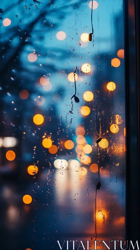 Cozy city lights glowing softly beyond a rainy window.