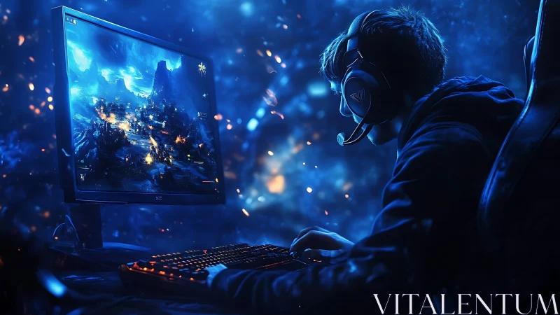 Focused gamer immersed in a neon blue fantasy battle world