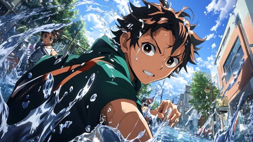 Summer street water fight bursts with playful surprise energy