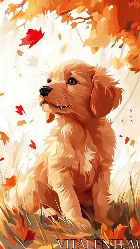 Golden puppy daydreams beneath swirling autumn leaves.