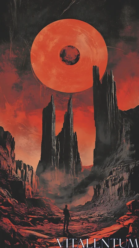 Colossal red halo above lone wanderer in alien canyon.