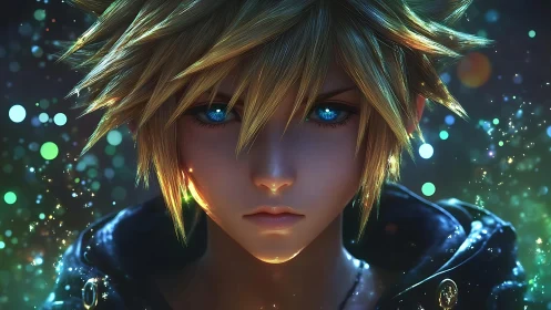 Luminous blue-eyed anime hero framed by high-bokeh particle field