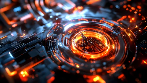 Futuristic Glowing Circuit Board in Neon Orange and Blue Style.