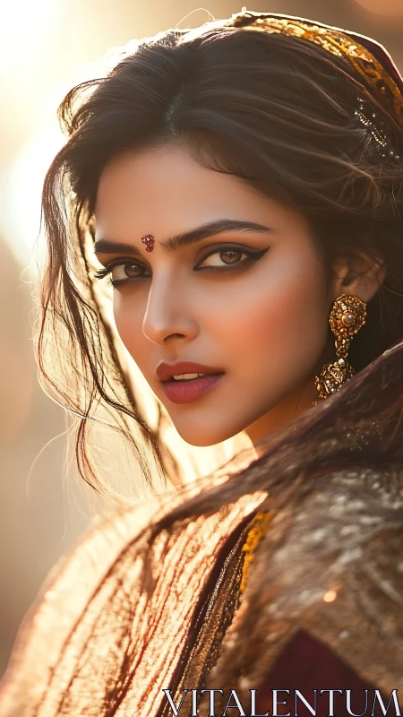 Sunlit gaze of a regal woman in shimmering golden finery.