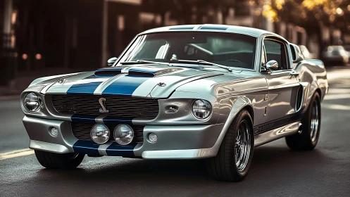 Classic silver muscle car with blue racing stripes parked curbside.