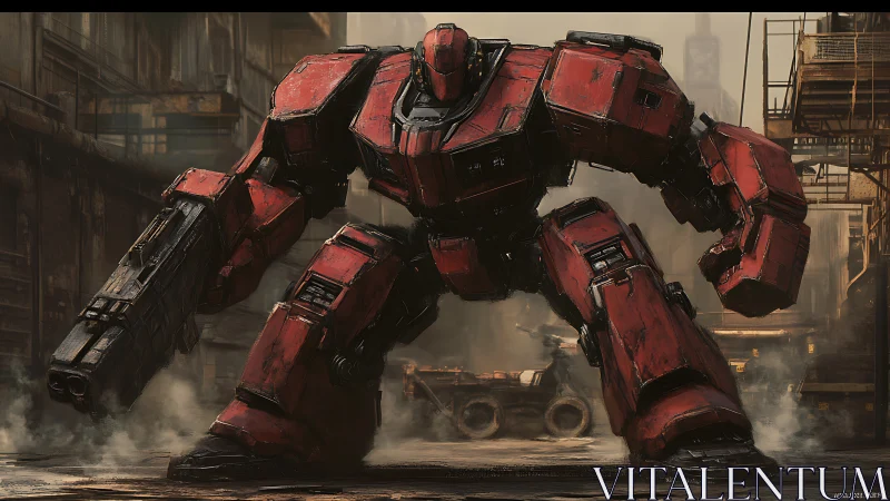 Red combat mech advancing through industrial warzone.